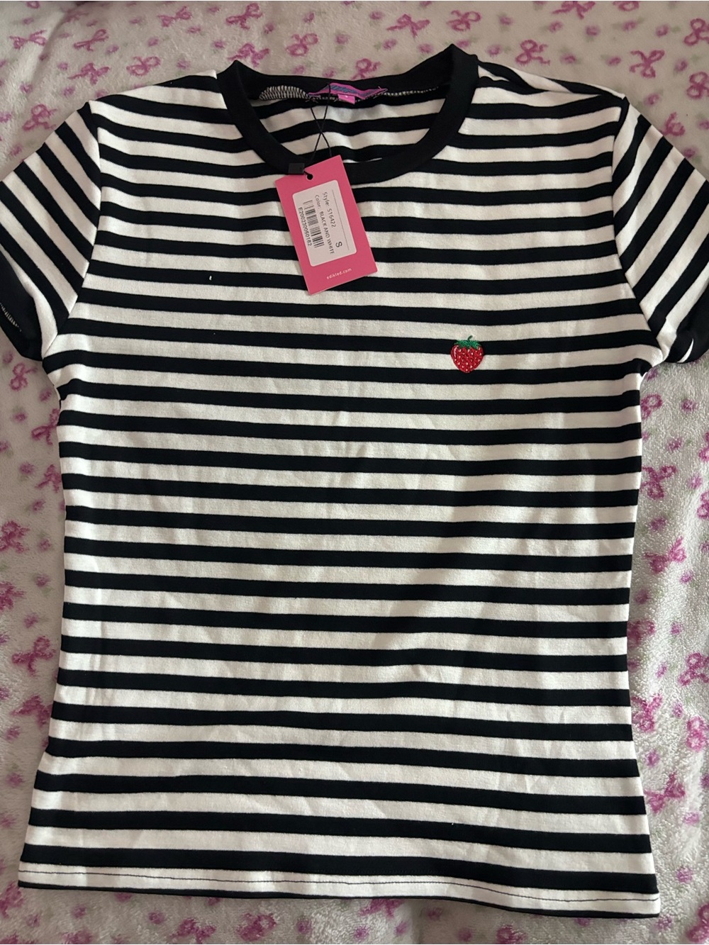 Edikted Black & White Striped Tee with Red Strawberry Patch